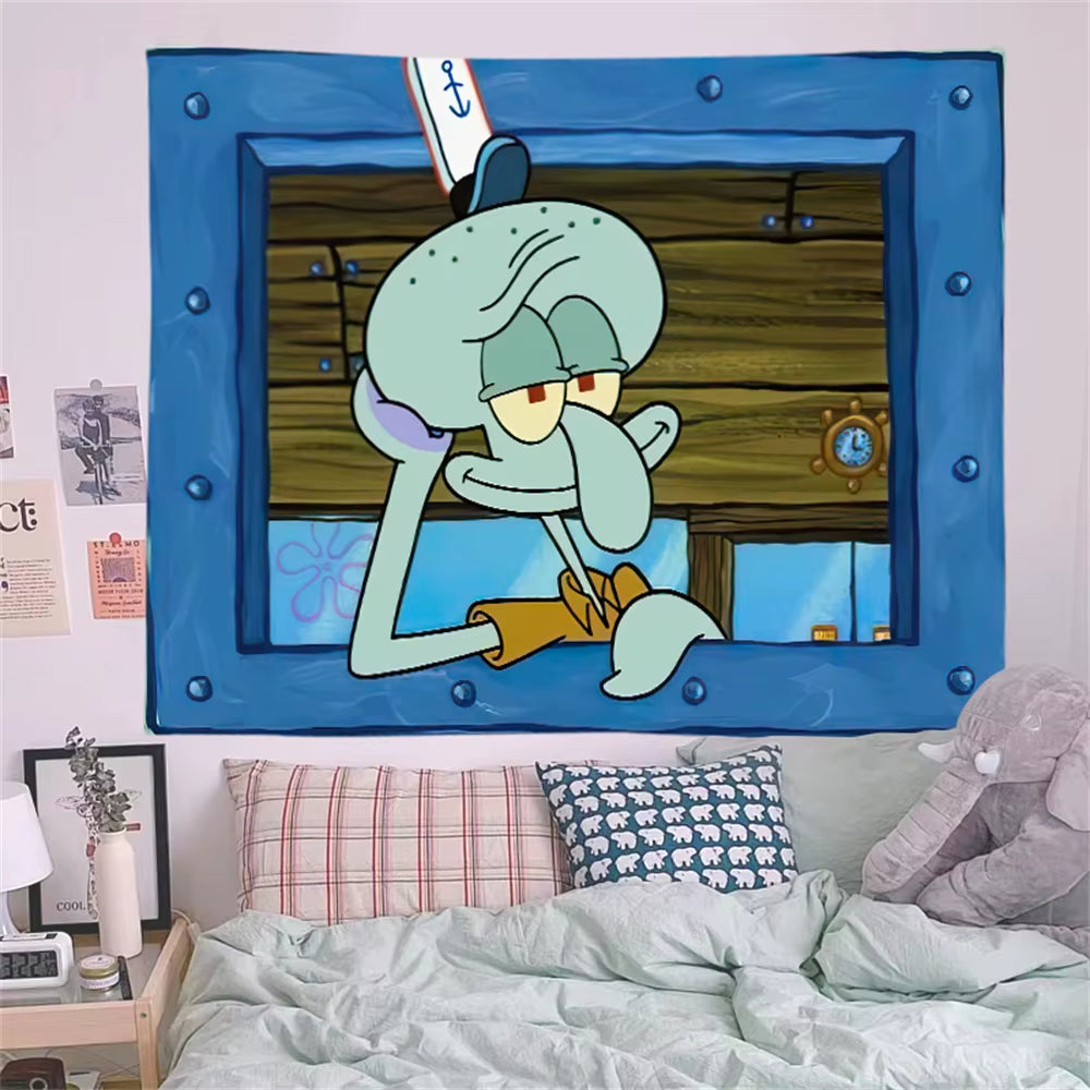 Spongebob Squidward Cartoon Decoration Background Hanging Cloth Bedroom Tapestry Room Decor Aesthetic Tapestry Wall Hanging
