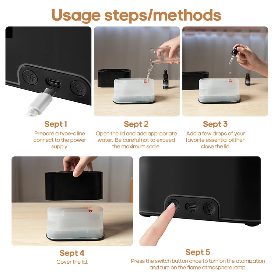 Mini Aroma Diffuser Aromatherapy Essential Oils Realistic Flame Lights Colorful RGB Air Humidifier Desktop USB Sprayer