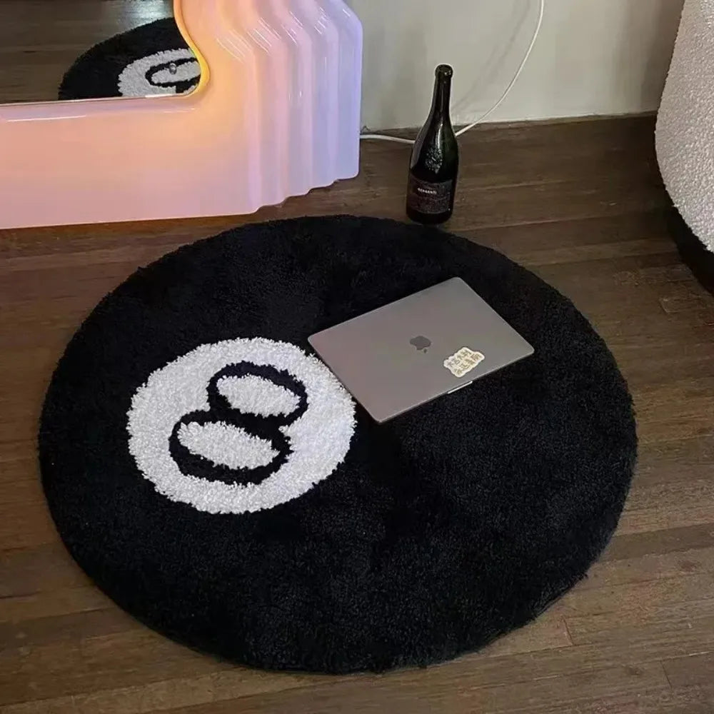 VIKAMA Black Billiards 8 Ball round Flocked Floor Bedroom Anti-Slip Carpet Mat Living Plush Soft Bedroom Rug，Home Doeration